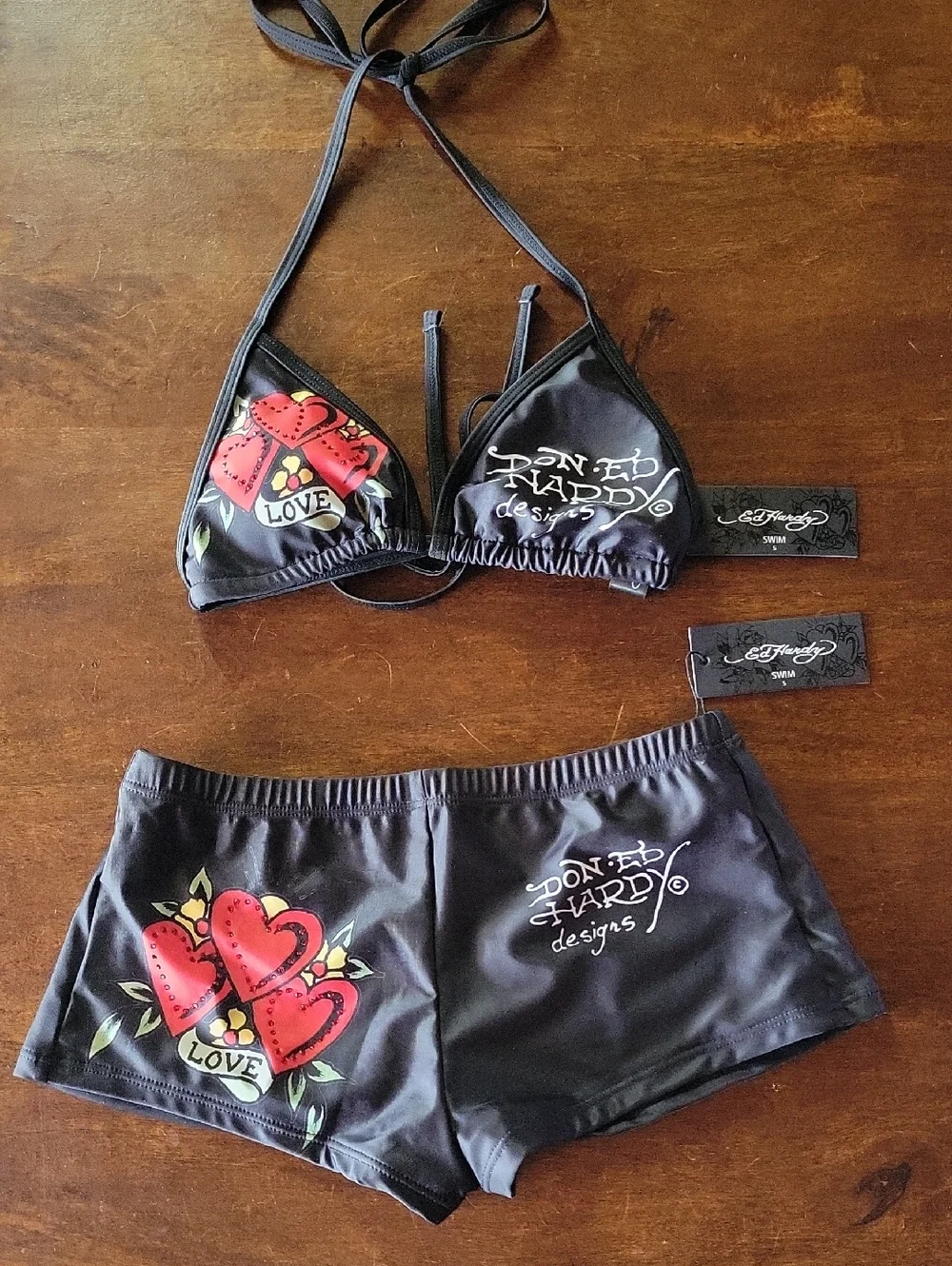 Ed Hardy Black Bikini Set with Red Heart Graphics